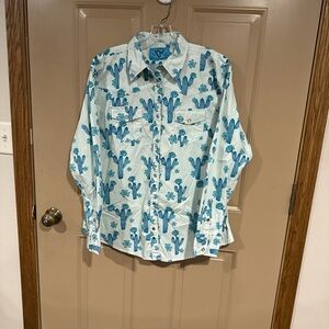 Blue Cactus Print Button Down Shirt